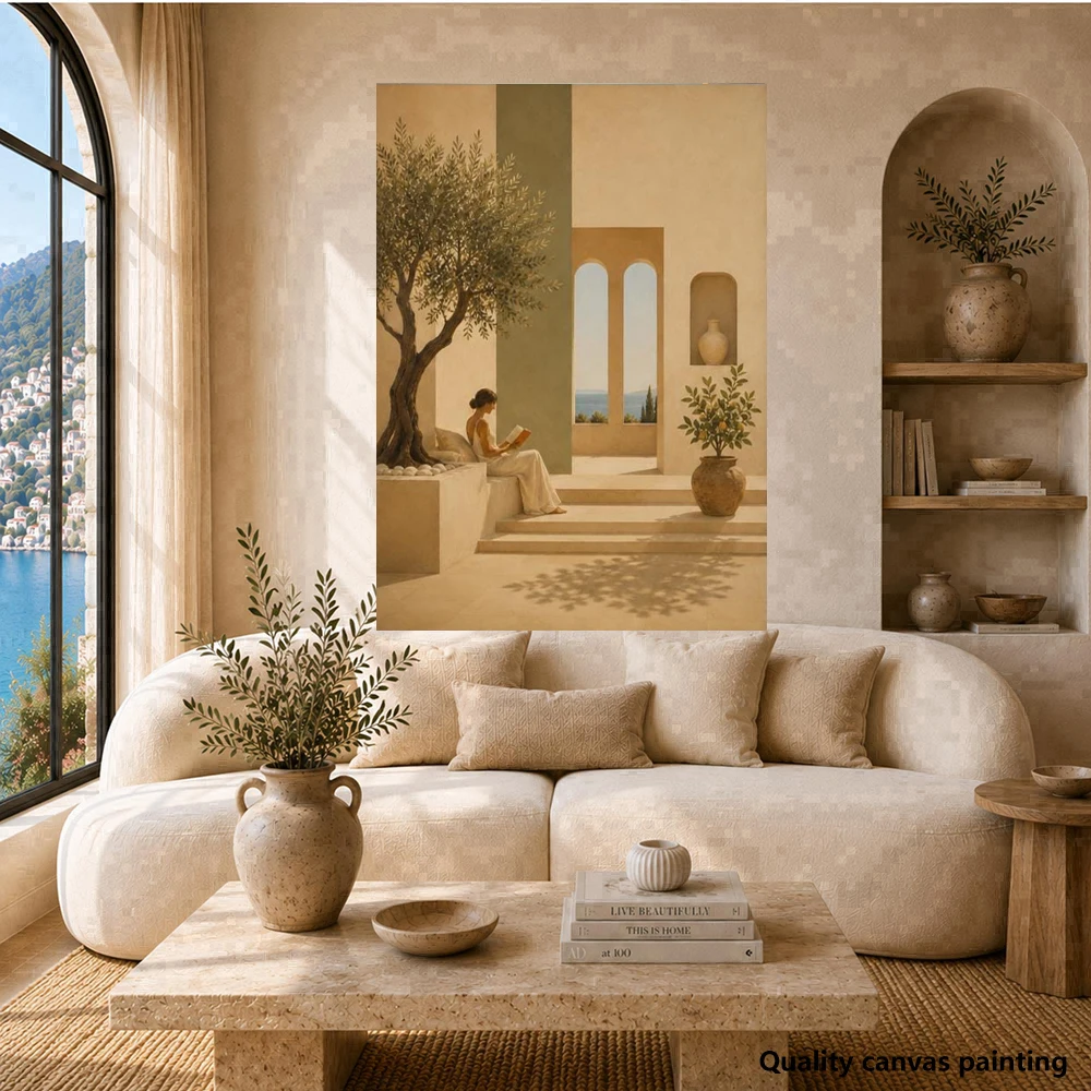 Woman Reading Print, Mediterranean Neutral Wall Art, Book Lover Gift, Reading Nook Decor, Minimalist Bedroom Poster, No Frame