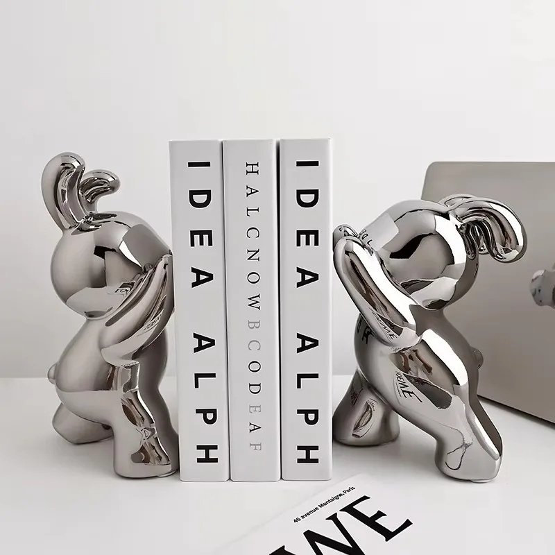 Pair Curved Ear Bunny Bookend Figurines Full Reflective Gloss Surface Study Book Shelf Partition Desktop Storage Decor Craft