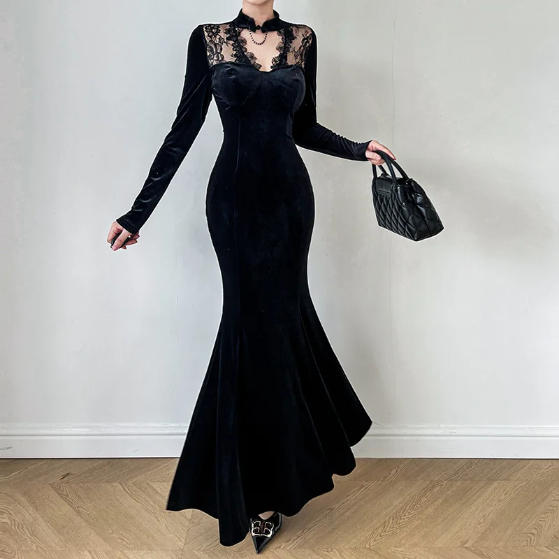 Vestido largo ajustado de sirena de terciopelo negro con apliques de encaje Vintage, elegante, ajustado, transparente, detalles recortados, ropa de mujer de moda coreana