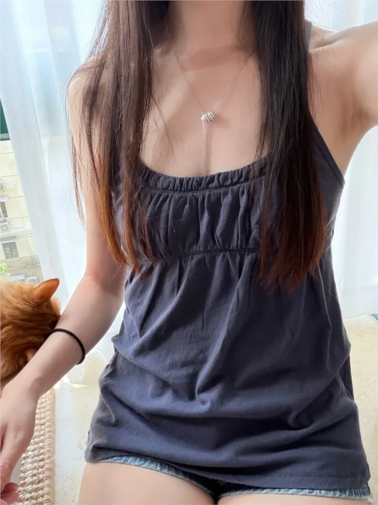 Vintage Strap Backless Camisole Women Summer Streetwear Cotton Shirring Sleeveless Vests Sweet Preppy Style Navy Tank Tops Y2K