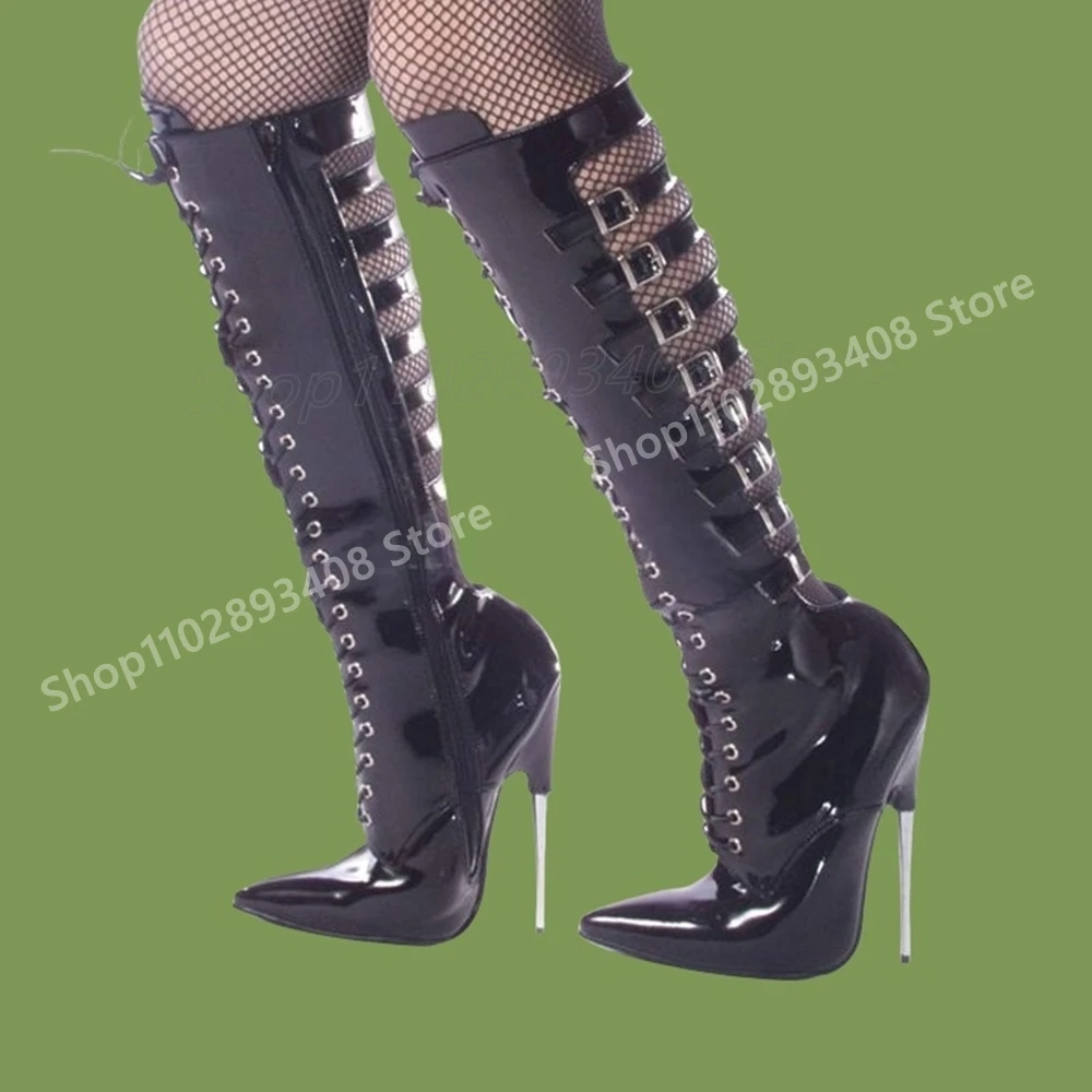 Black Shiny Front Lace-up Mid Calf Boots Pointy Back Buckle Belts Stiletto High Heel Sexy Fashion Women Shoes 2025 Para Mujere