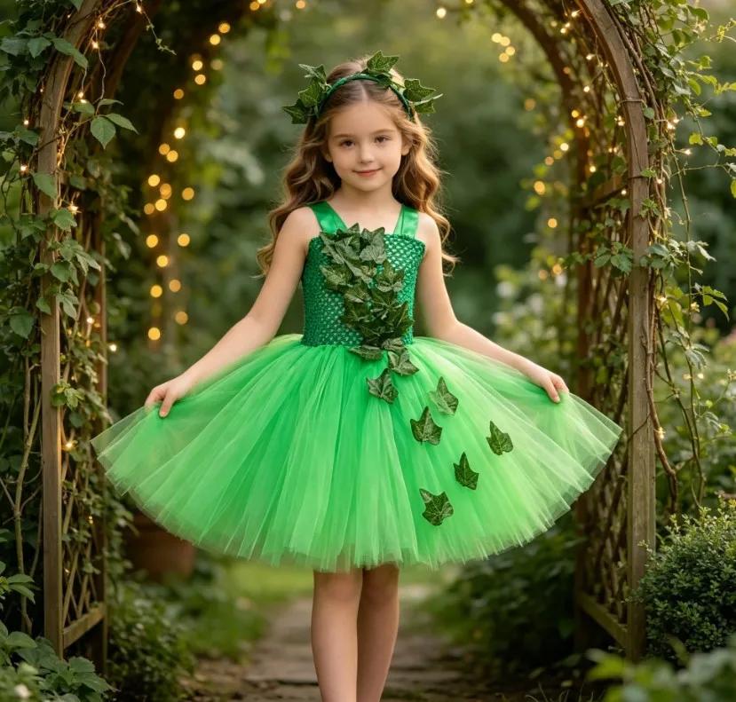 Halloween Green Vine Pattern Tutu Dress for Girls New Kids Mesh Tulle Dress Holiday Party Outfit Light Sleeveless Fashion Skirt