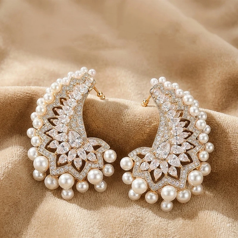 

Роскошные крупные серьги-клипсы с жемчугом и узором пейсли для женщин, свадебные украшения, с микроинкрустацией кристаллами CZ, золотые массивные серьги