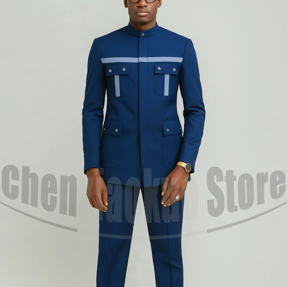 Fashion Men's Mandarin Collar Suit with Contrast Stripes Multi Pocket Design Formal Outfit Smart Casual Wedding Party 2 Piece