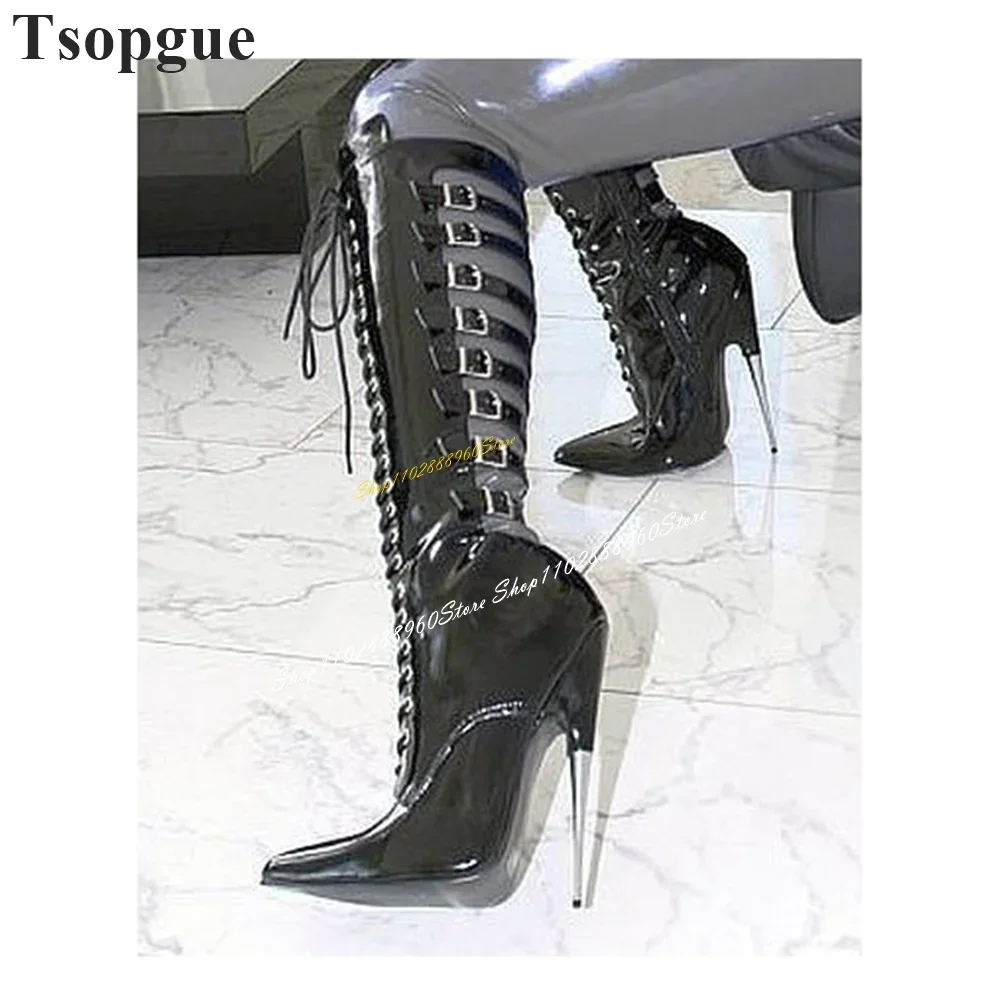 Stivali da cavaliere neri con cinturino con fibbia alta al ginocchio Stivali da cavaliere con tacco in metallo Scarpe da donna con tacco alto Cerniera laterale Scarpe da festa casual a punta