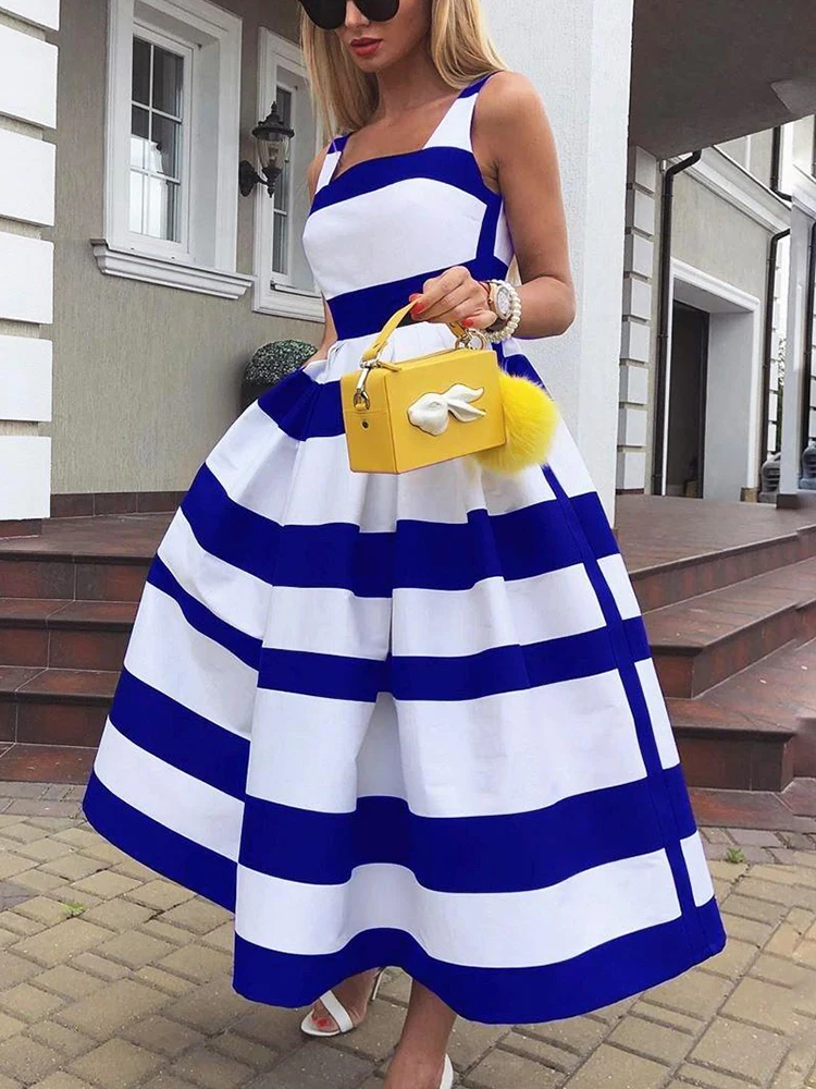 Women Elegant Off Shoulder Long Party Dress New Summer Striped Print Sleeveless Dress Fashion Chic A-Line Suspender Beach Dress