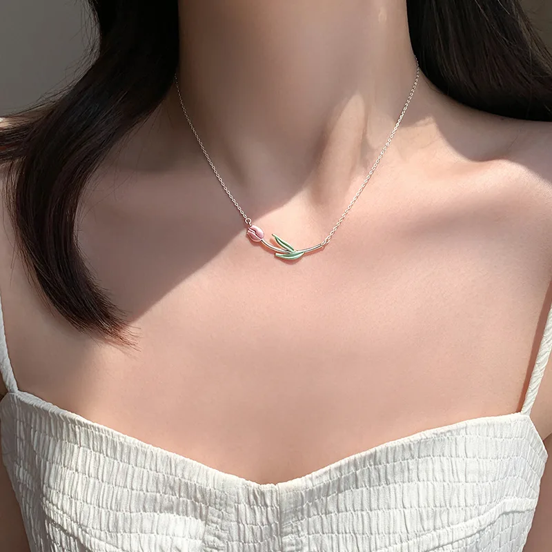 Aesthetics Oil dripping Tulip Pendant Necklace Women 925 Sterling Silver Fashion Charm Anniversary Jewelry Gift