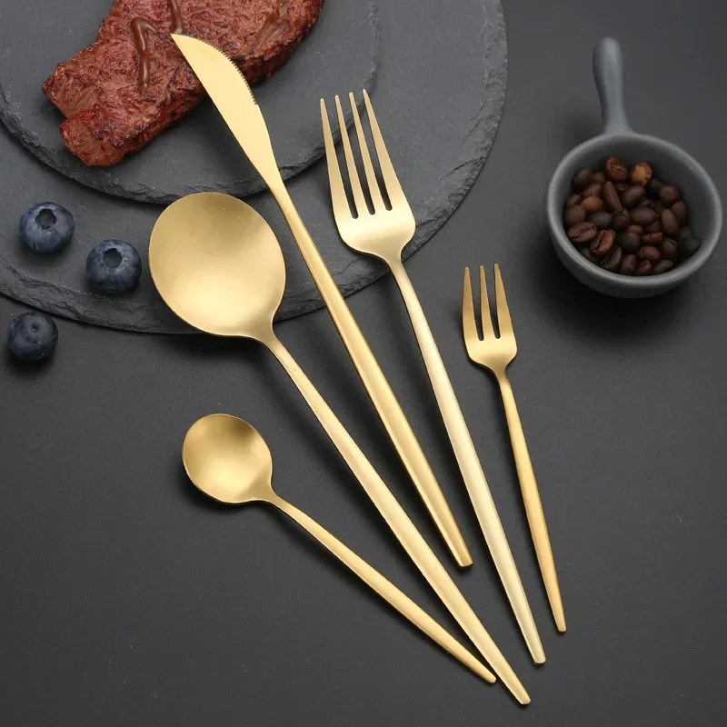 30Pcs Tableware Set Matte Stainless Steel Dinner Gold Dinnerware Knife Fruit Fork Spoon Cutlery Kitchen Party Silverware Sets