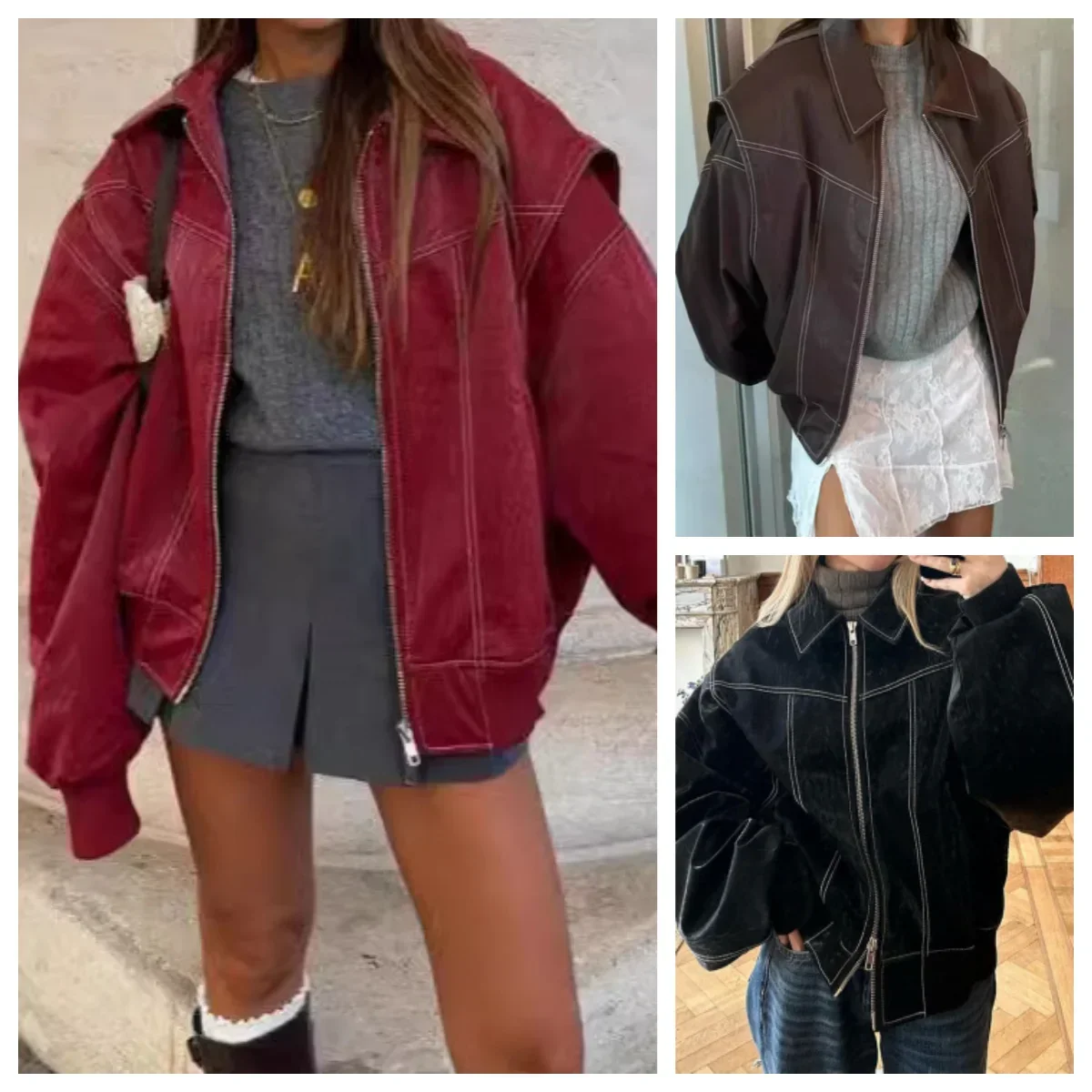 

Vintage Contrast Stitch Lapel Long Sleeve Jackets Women Loose Solid Zipper Pu Leather Jacket Female Autumn High Streetwear