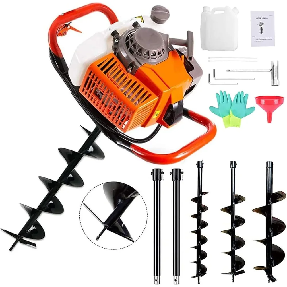 72cc Post Hole Digger 2-Stroke Petrol Gas2 Extension Rods + 3 Auger Drill Bits (4