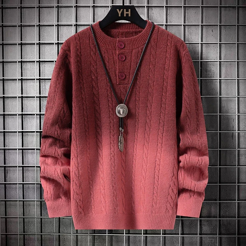 Men Student Base Shirt Men Knitted Sweater Youth Button Casual Pullover Male Gradient Color Sweater Winter Fashion Kntwear Top
