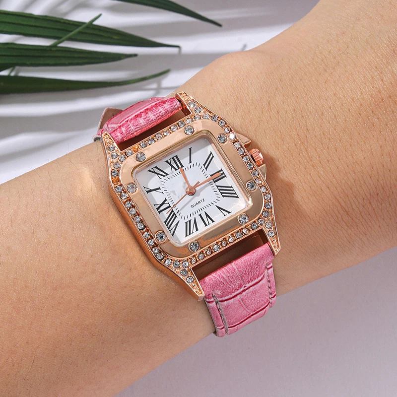 6PCS Women Watch Pink Leather Band Ladies Watches Fashion Casual Quartz Wristwatch Butterfly Design Ring Necklace Earrings Watch