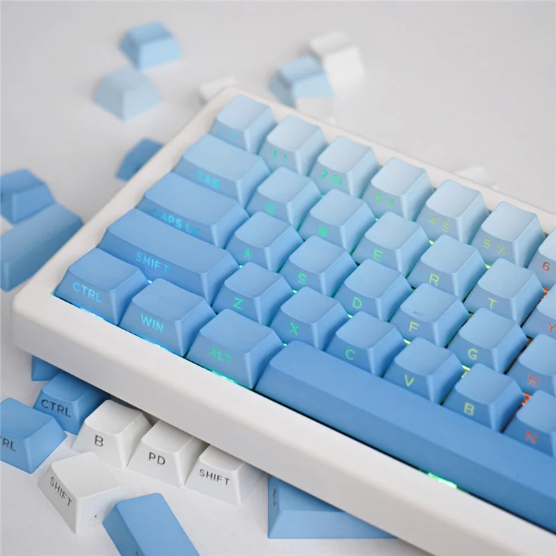 Frost Blue Dip Dyeing Gradient Doubleshot Side Light Transmission Keycaps PBT OEM Profile High CharacterFor Mechanical Keyboard