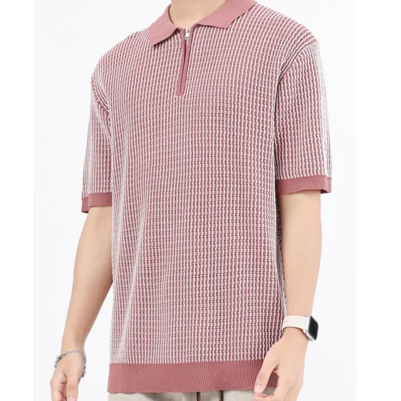 2025 Men's Summer New Premium Business Light Mature Leisure Versatile Simple Color blocked Collar Knitted Polo Shirt T-shirt