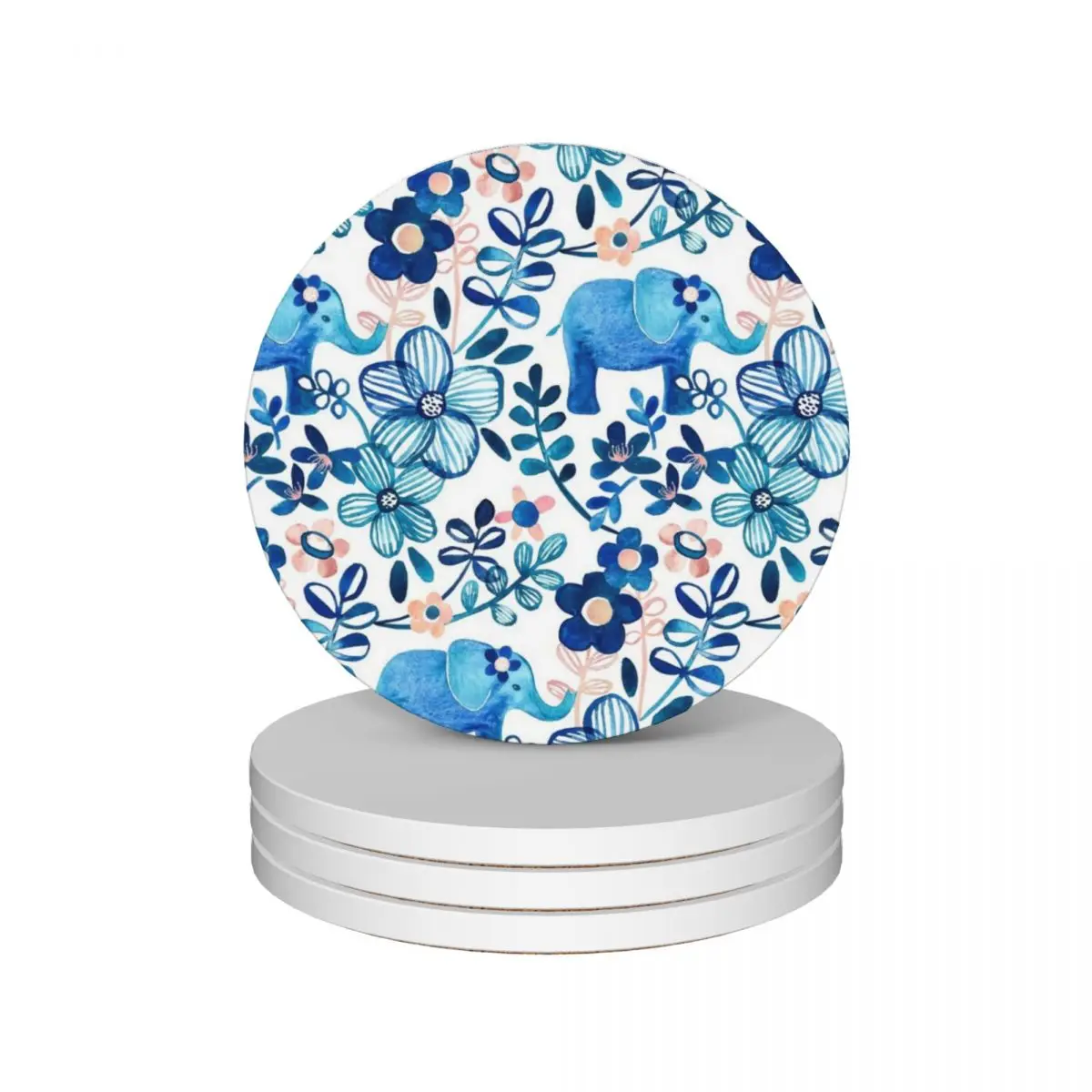 

Blush Pink, White and Blue Elephant and Floral Watercolor Pattern Ceramic Coasters (Set of 4) Tea cups plate holder Coasters