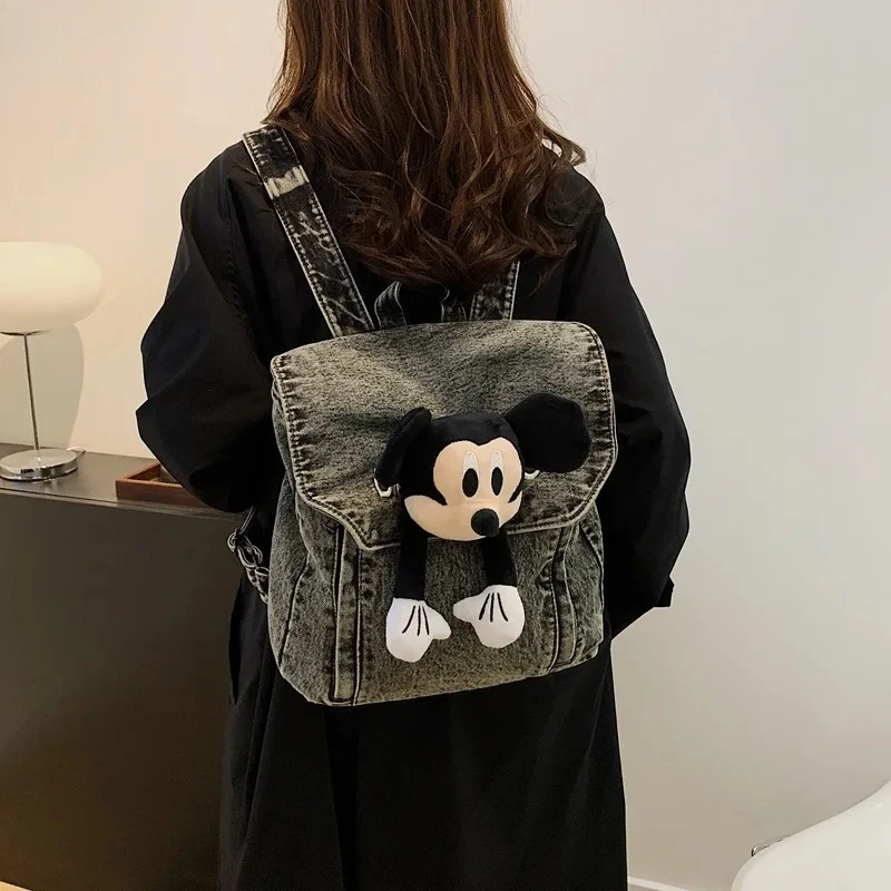 Women's Denim Backpack Autumn Winter Thick Doll Decoration Cute Large Capacity Washed School Bag for Daily & Travel Use