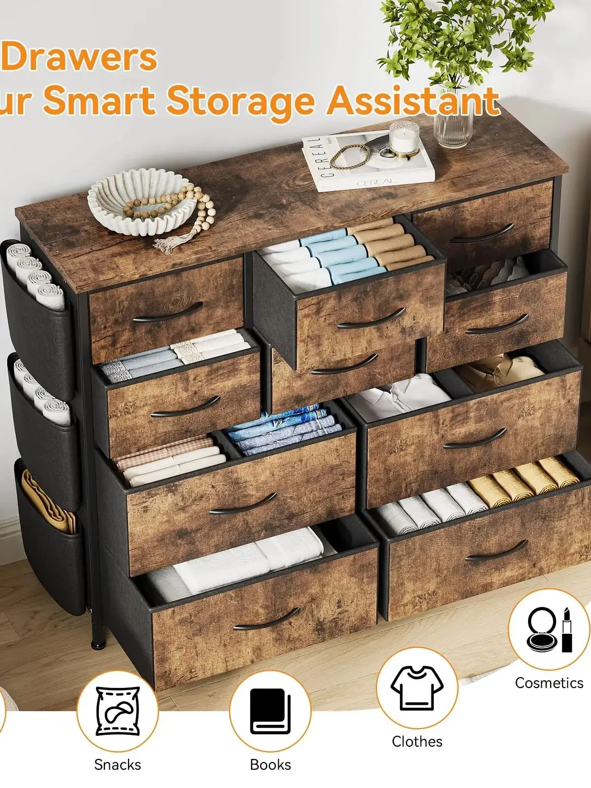 10-Drawer Fabric Dresser with Side Pockets, Storage Organizer with Wood Top, Chest of Drawers for Bedroom, Closet, Living Room