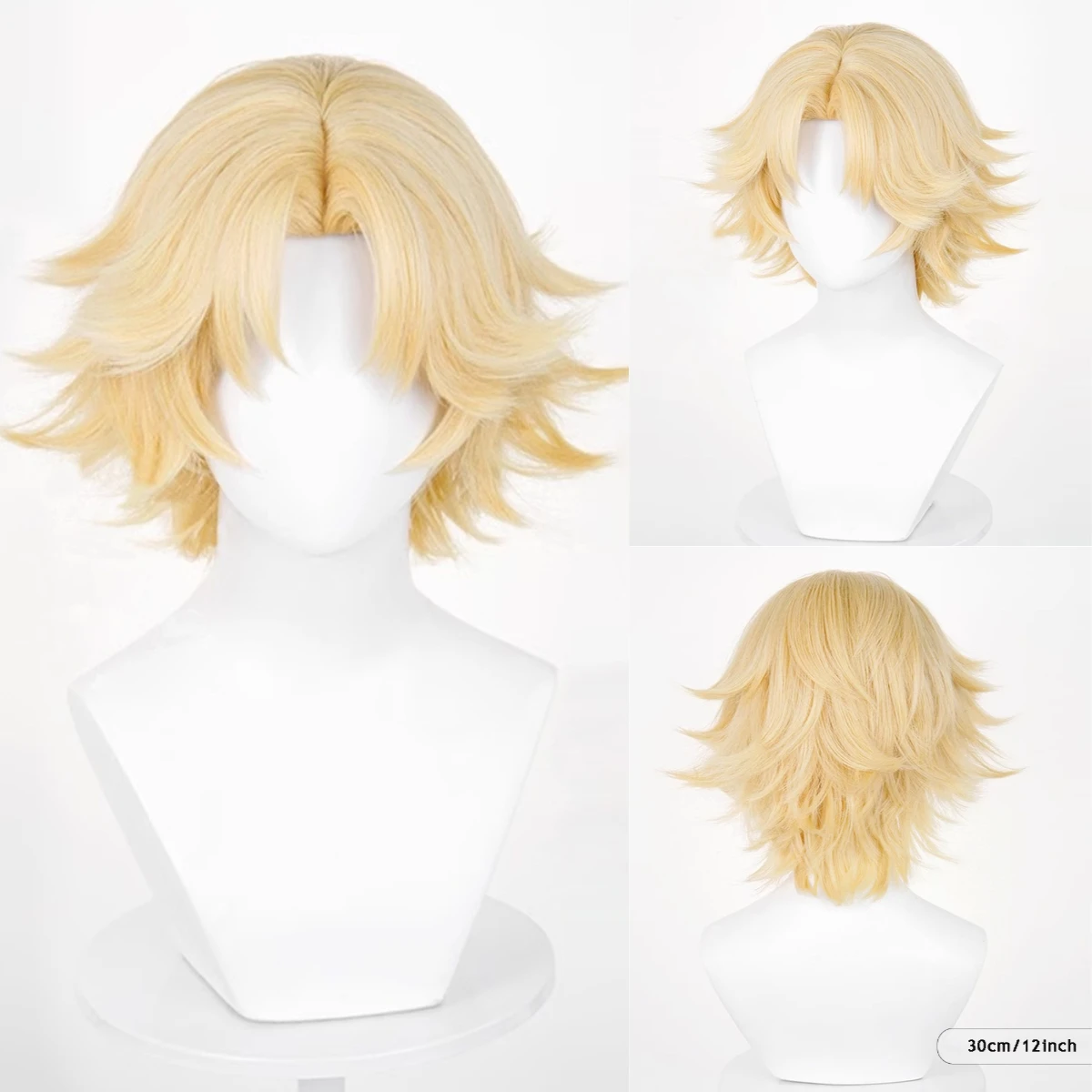

Short Wavy Synthetic Wig Blonde with Middle Spilt Part Bangs for Anime Cosplay Party Realistic Fake Hair Heat Resistant