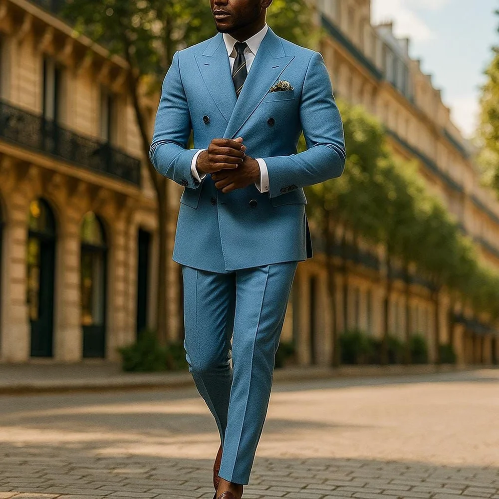 

Solid Blue Men's Suit Classic Fit Peaked Lapel Business Casual Outfit Double Breasted Formal Party Wedding Set Two Piece