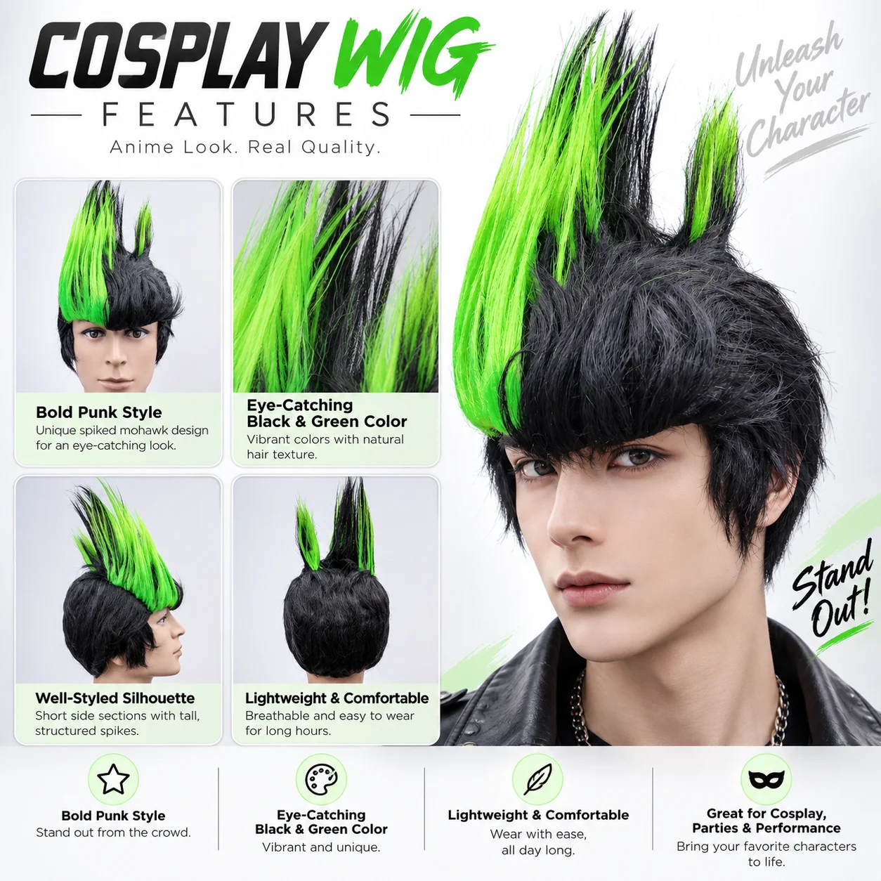 1Pc Black Green Spiky Mohawk Wig Synthetic Punk Rock Style Cosplay Wig For Halloween Carnival Party Costume Dress Up Headwear