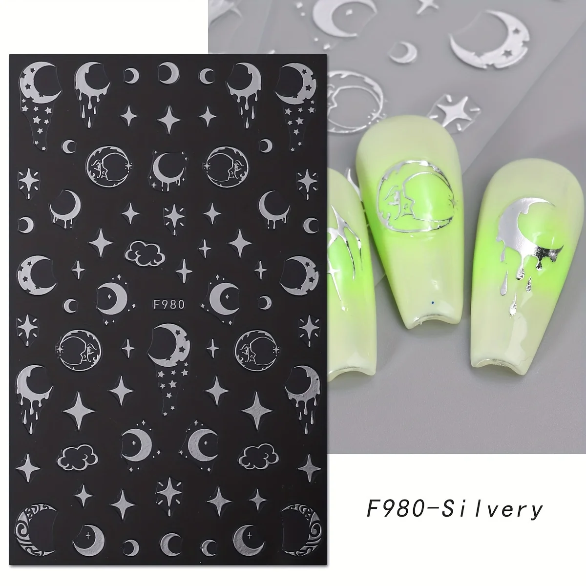 8pcs silver sun moon star nail art stickers, easy to apply for nail decoration, DIY, gift, party and wedding makeup styling view 6