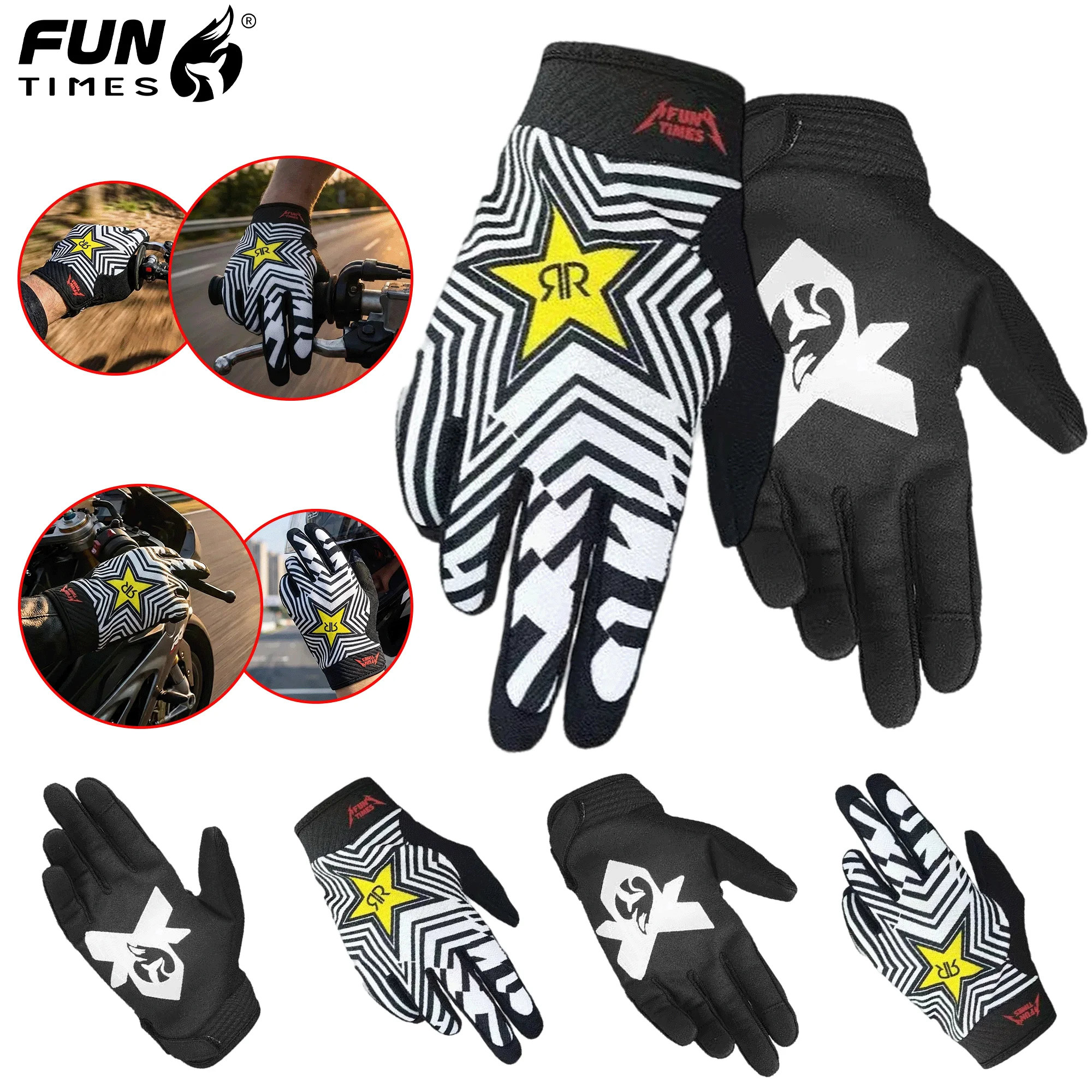 

FUNTIMES новейший дизайн с рисунком маленькой лисы, перчатки с полным пальцем для езды на мотоцикле, черно-белые полосатые перчатки с разрезом на пальцах