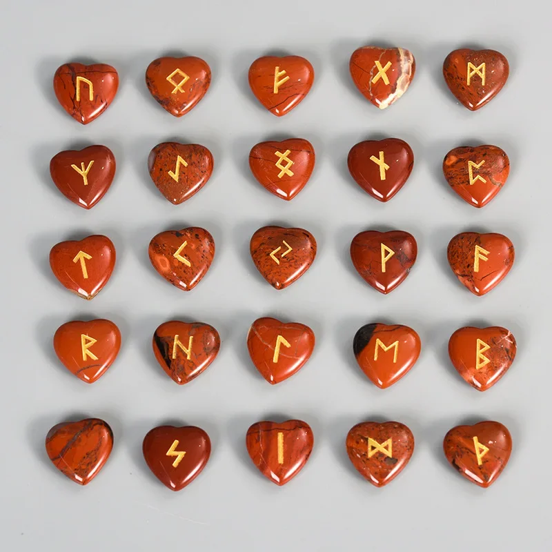 Natural Gemstone Runes Set Polished Heart Shape Stone Engraved Symbol 25pcs Set Chakra Reiki Healling Crystal Home Decor Gifts
