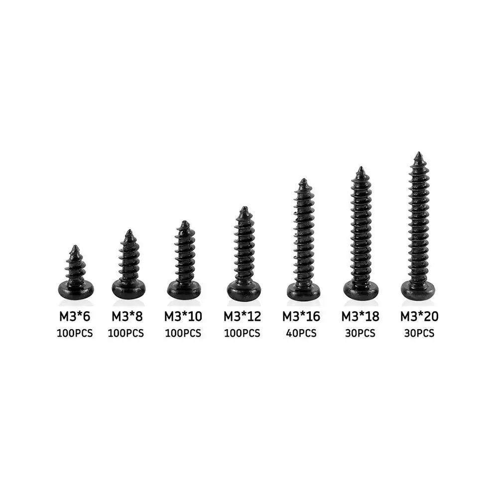 500pcs Portable Metal M3 Screw Kit Black Finish Round Head Self Tapping Screw Self Drilling Cross Head Pan Head Screw Hardware