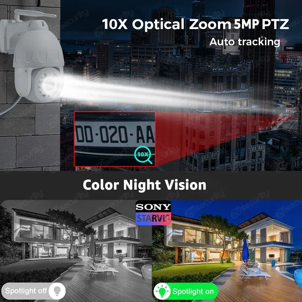 5MP Sony 5X 10X Optical Zoom WiFi Dome PTZ IP Camera Outdoor Human Detect Auto Tracks Security Cameras Color Night Vision Camera