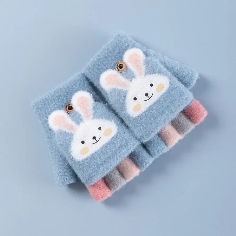 Half Finger Flip Gloves Kids Fingerless Gloves Rabbit Pattern Knitted Gloves Kids Plush Gloves Cartoon Design