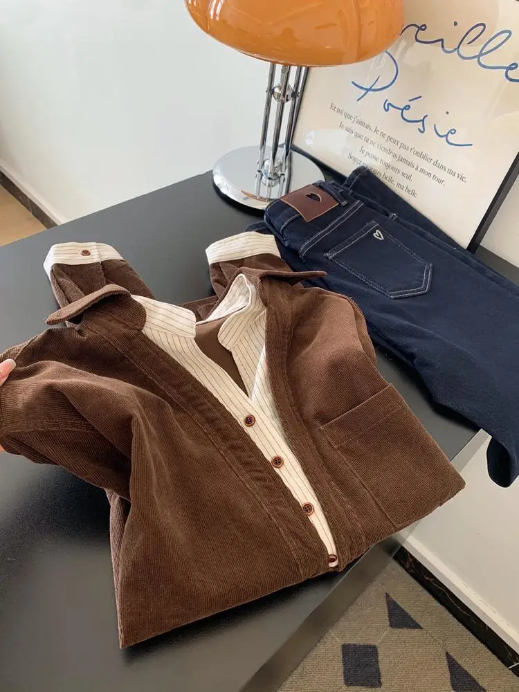 

Khaki Corduroy irt Design Sense Loose Fit Collar Striped Patchwork Mid-Length Faux Two-Piece Ladies Faion Casual Workwear