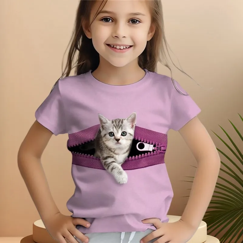 Girl Clothes Cat Graphic T Shirts One Piece Children\'s Clothing Girl T-Shirts Print Short Sleeve Tees Kawaii Clothes for Girls