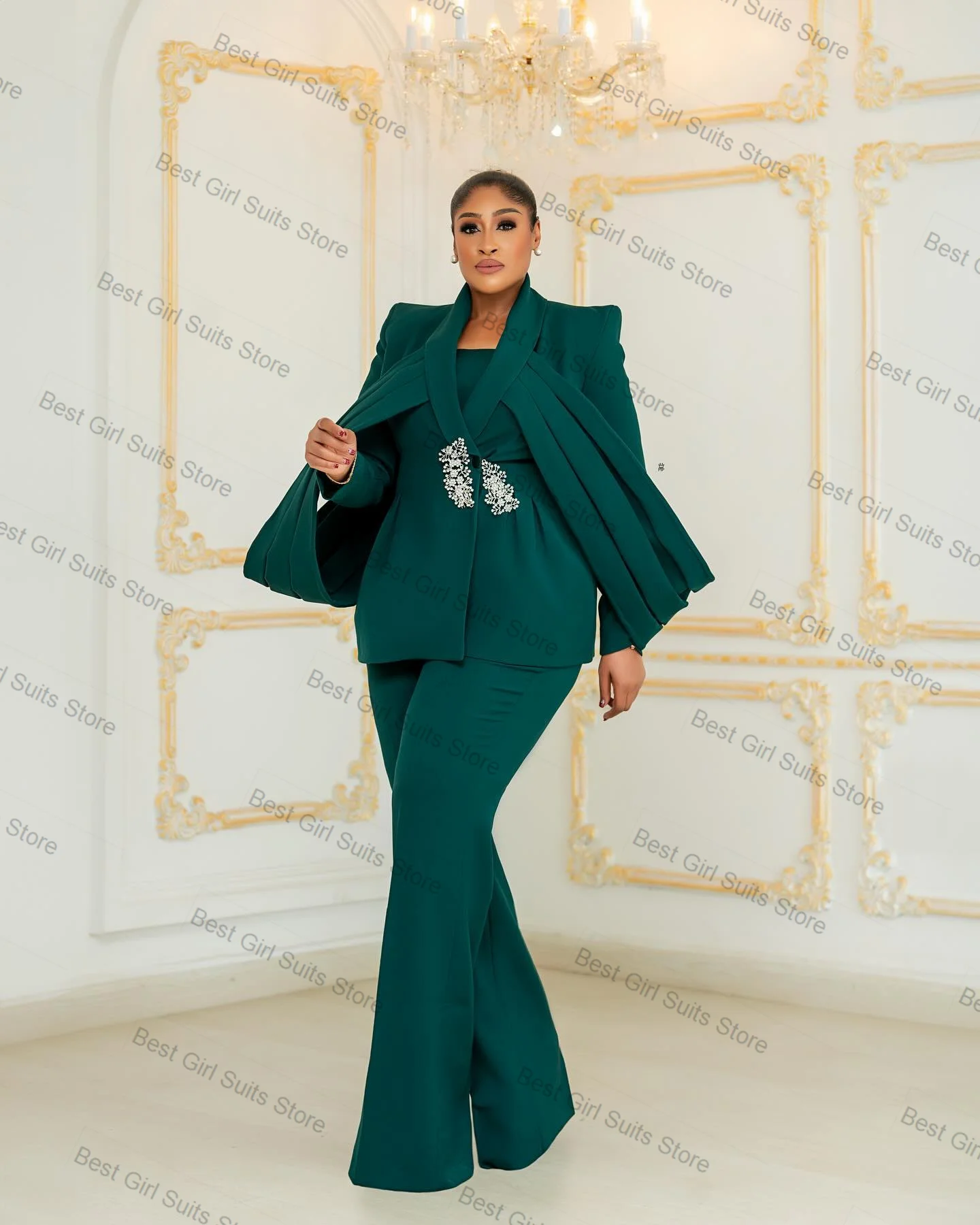 

Green Cape Women Suit Set 2 Pcs Wrap Blazer+Pants Autumn Fall Formal Office Lady Jacket Customized Wedding Tuxedos Prom Dress