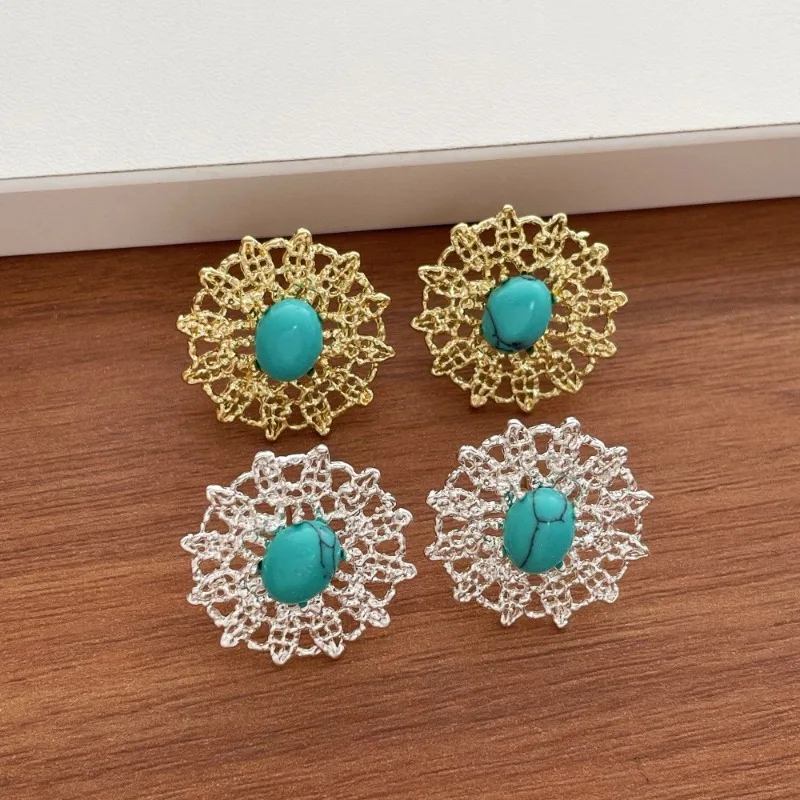 Minar INS Hot Natural Stone Kallaite Irregular Round Hollow Out Floral Drop Earrings for Women Statement Daily Beach Jewelry