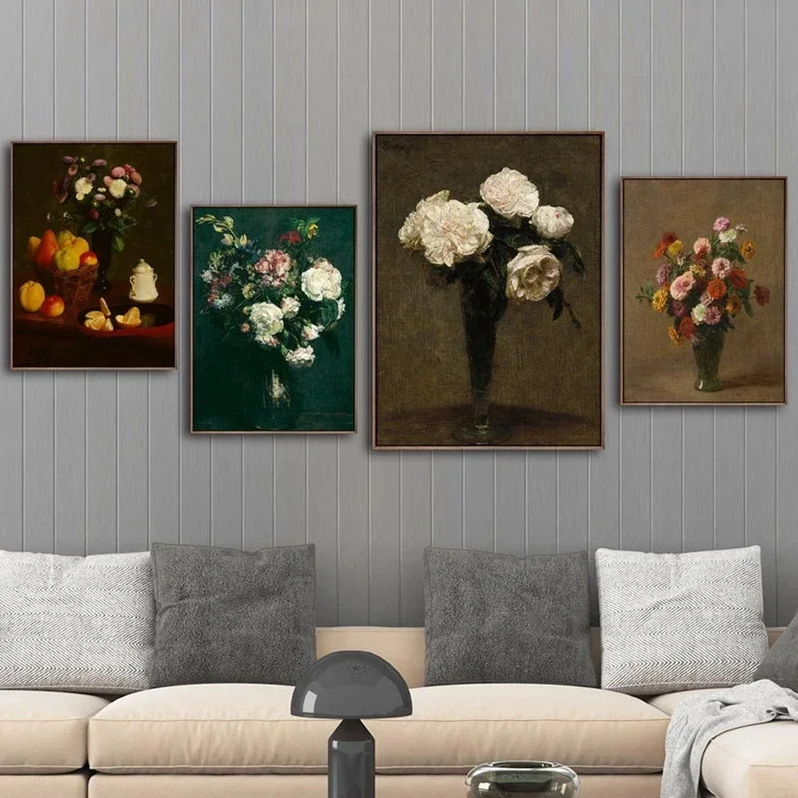 Vintage Henri Fantin-Latour Flowers French Canvas Paintings Poster  Pink Floral Plant Leaf  Fruit Print Wall Pictures Home Decor