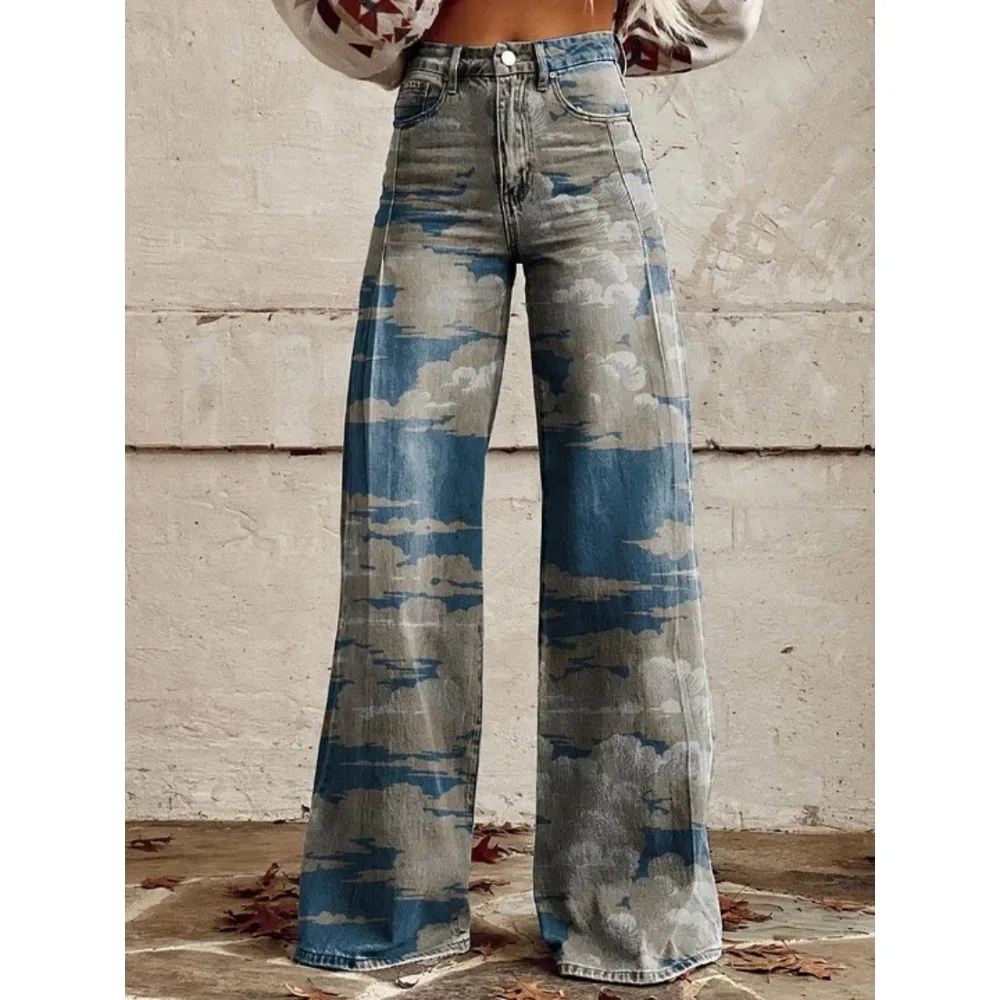 Damen Y2K Retro Print High Waist Wide Leg Pants Hip Hop Punk Streetwear Ästhetische Lässige Weite Hosen mit Taschen XXS-3XL – Detail 2
