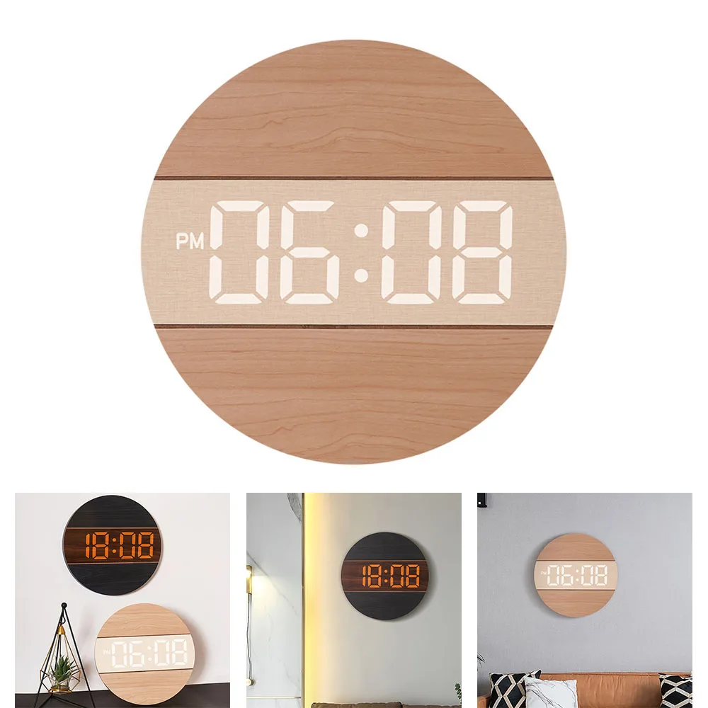 Wooden LED Digital Alarm Clocks Silent Electronic Round Automatic Light-sensitive 12/24 Hour Large Wall Clocks Modern Home Decor