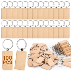 100Pcs Rectangular Blank Wooden Keychain Wood Key Chains Blank Wood Key Ring Suitable For Gift