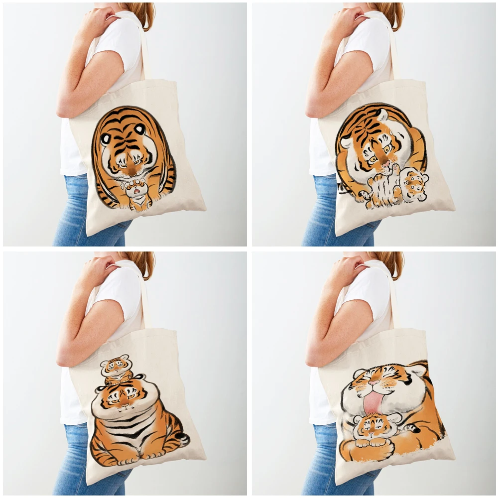 Funny Fat Tiger Women Shopping Bags Cute Cartoon Animal Both Print Canvas Foldable Shopper Bag Cloth Lady Tote Shoulder Handbag