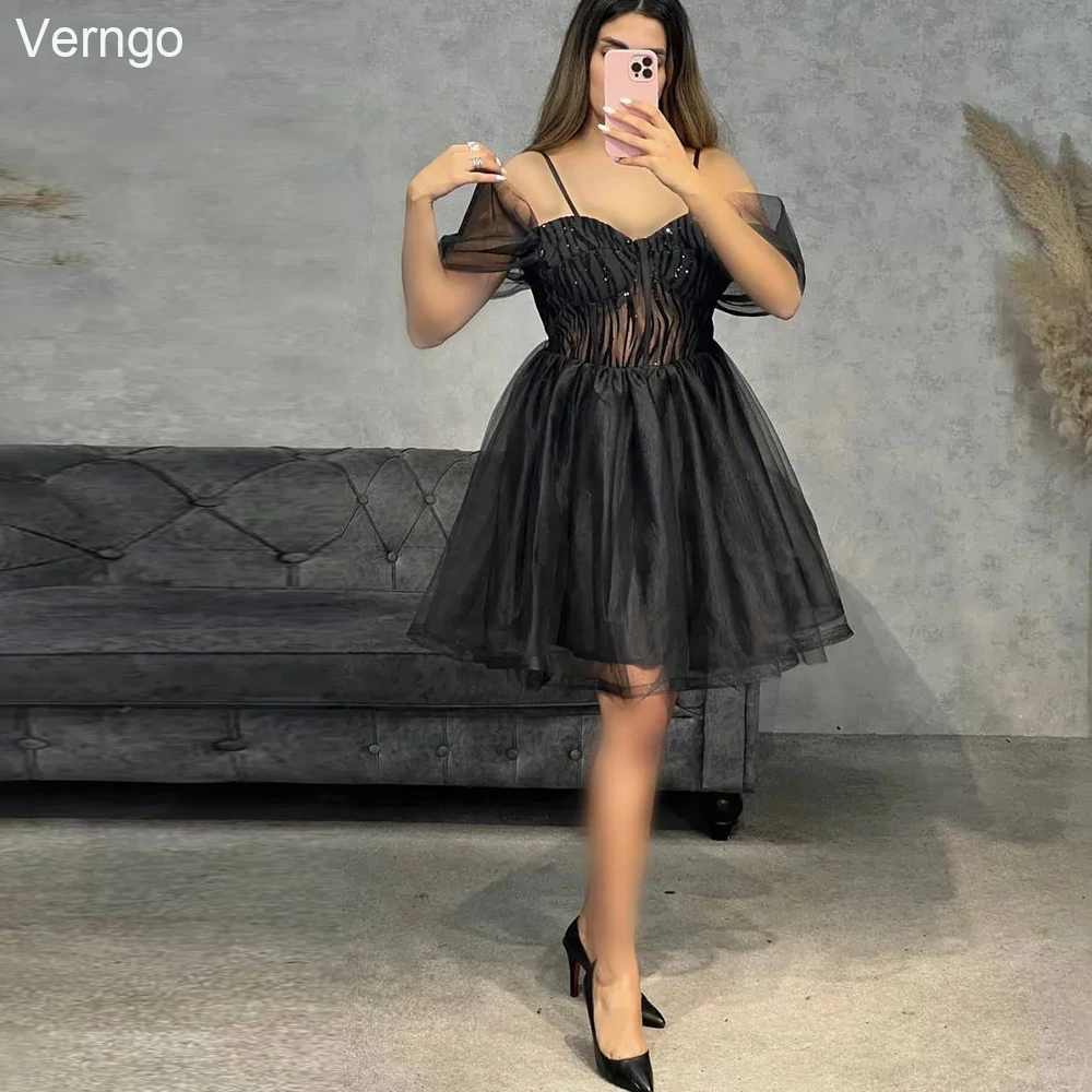 

Verngo A-line Short Prom Gown Sweetheart Spaghetti Strap Evening Party Dress Tulle Sequined Formal Occasion Gown Robe De Soirée