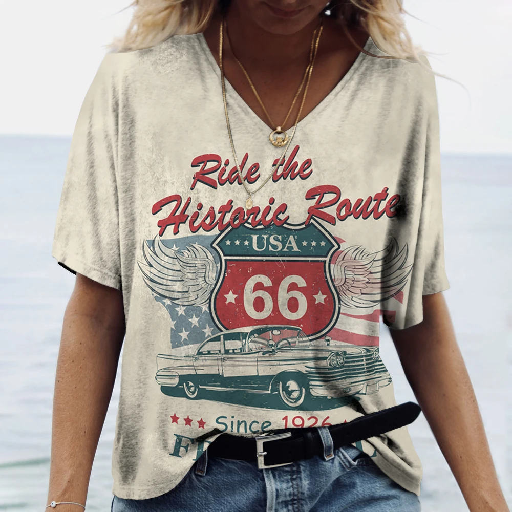 Hot US Route 66 Pattern 3D Print Women\'s V-Neck T-shirts Casual Lady Short Sleeve Oversized Pullover Fashion Tops Women Clothes