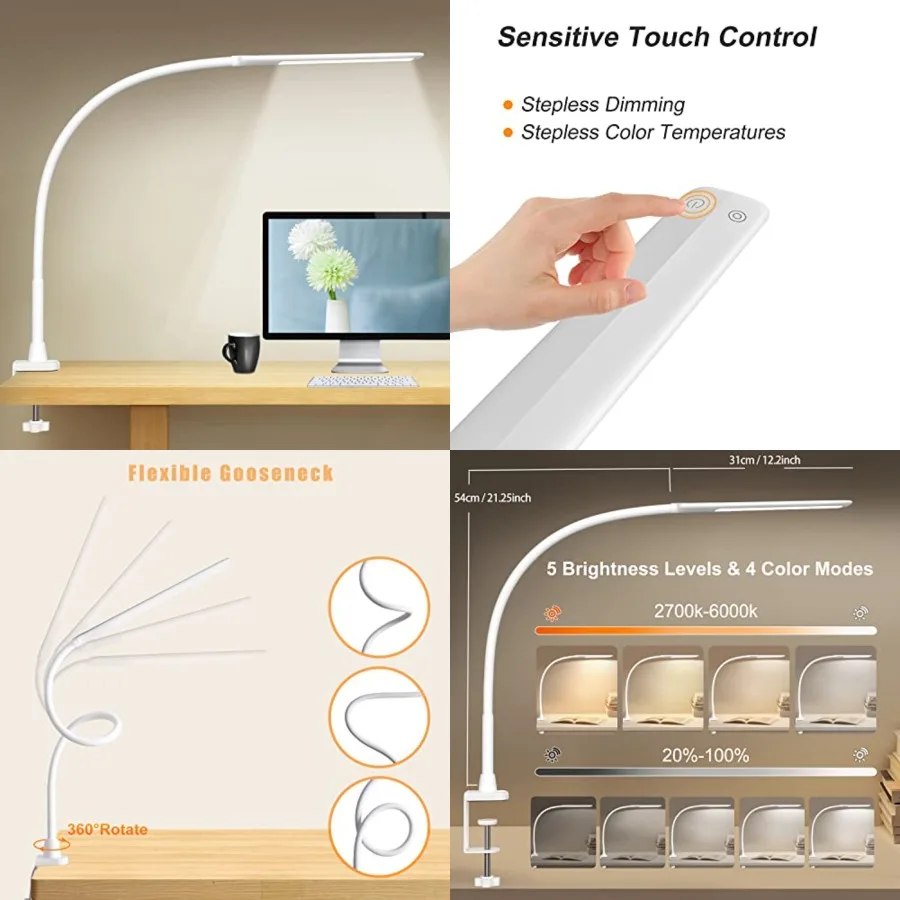 LED Desk Lamp with Clamp, Flexible Gooseneck Architect Table Lamp - 5 Brightness Levels and 4 Color Modes, Touch Control, Eye-C