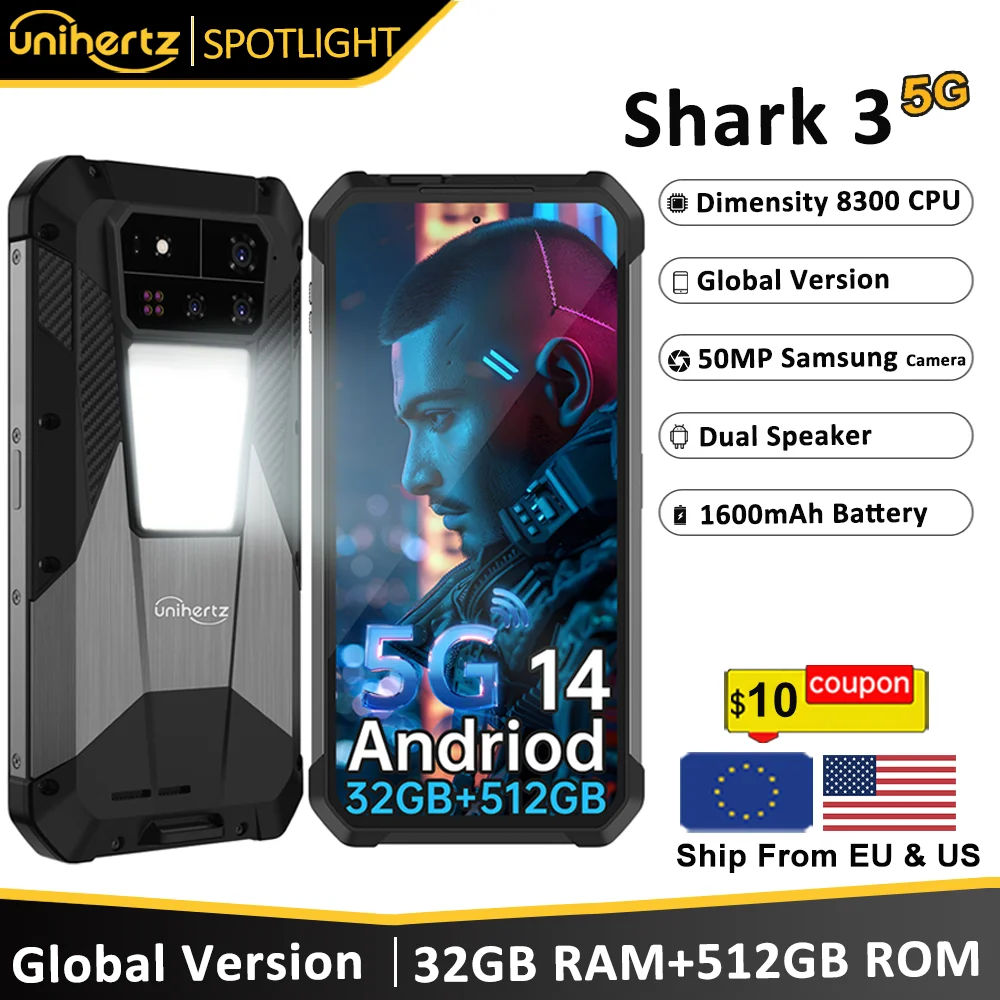 Unihertz Shark 3 by 8849 Rugged Smartphone android 14 3K AMOLED Display 32GB RAM 512GB ROM Dimensity 8300 CPU Mobile Phone
