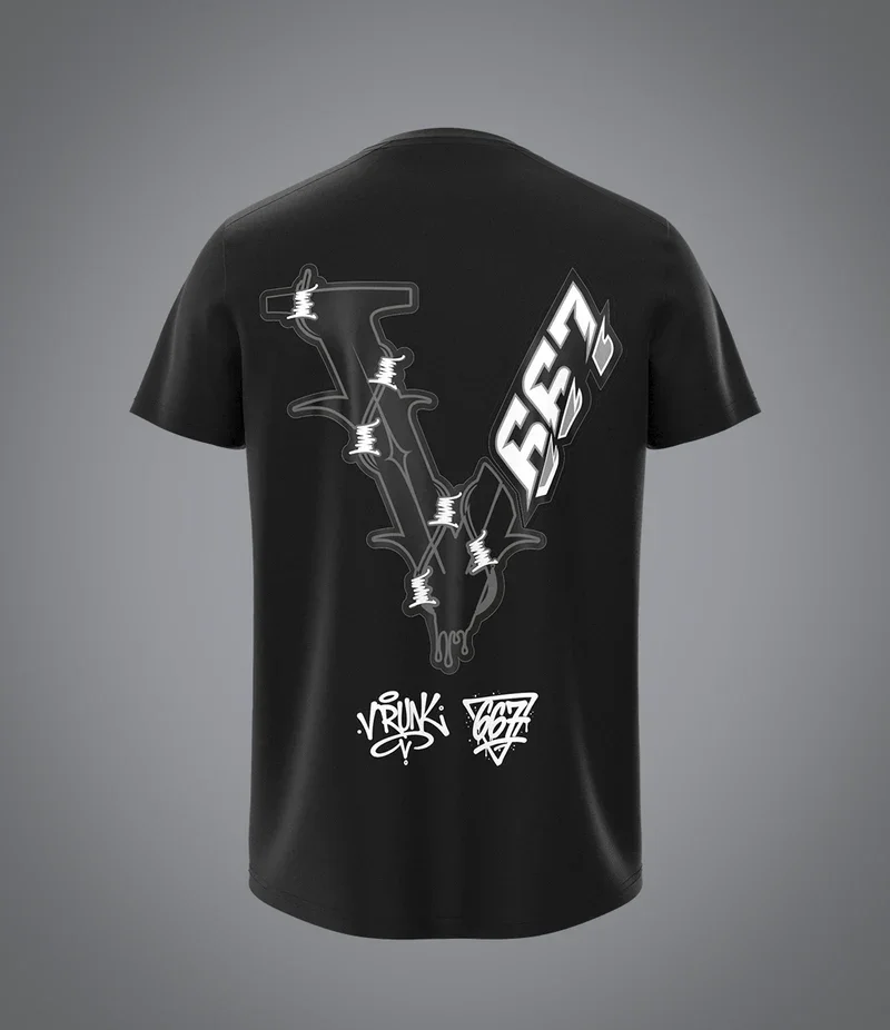 VRUNK X 667 Co-branded Black Short Sleeve T-shirt with barbed wire V versatile piece perfect for casual street looks.