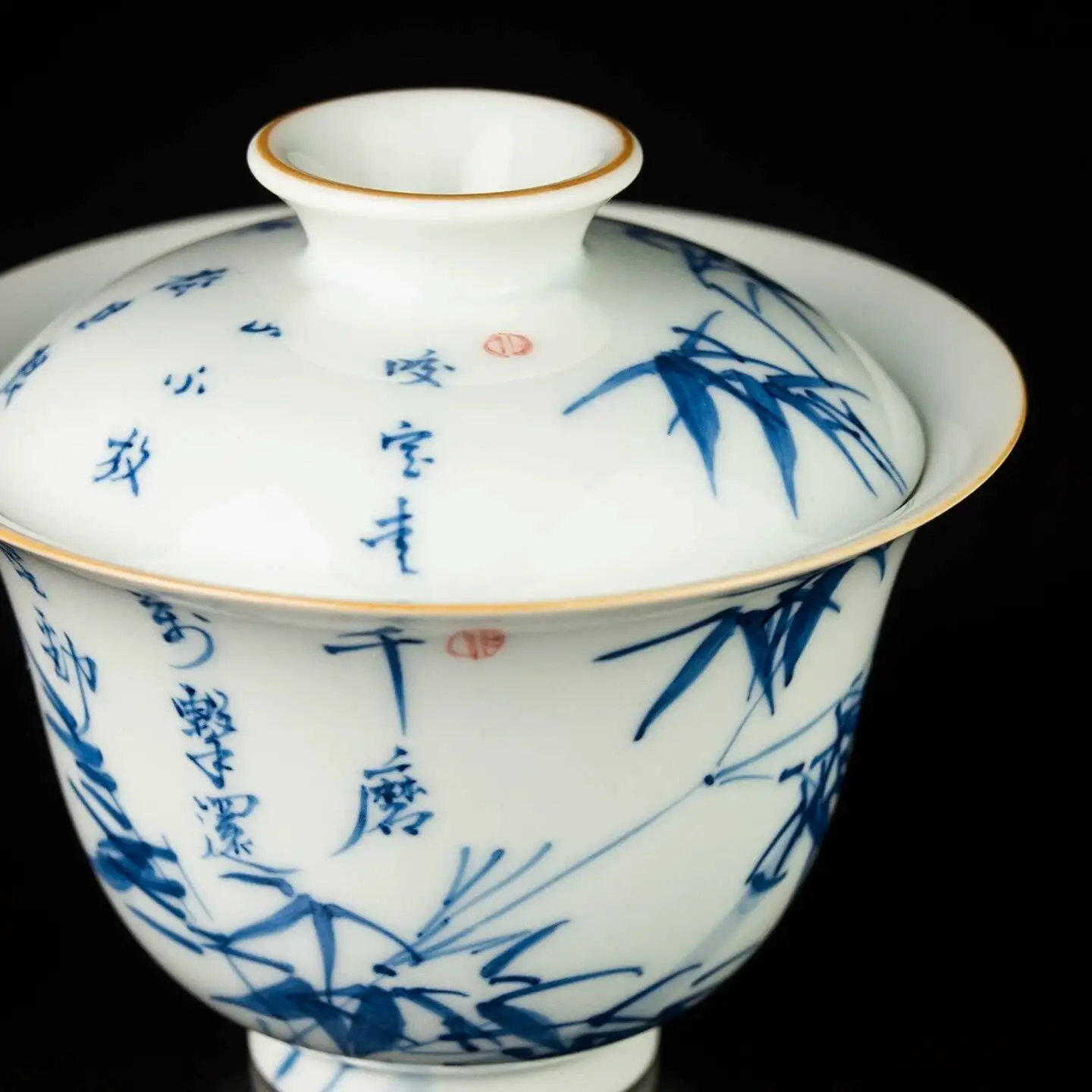Sacred Mountain Jingdezhen Hand-Painted Blue White Porcelain Set With Inscriptions About Bamboo And Stone, Handmade Ceramic Tea