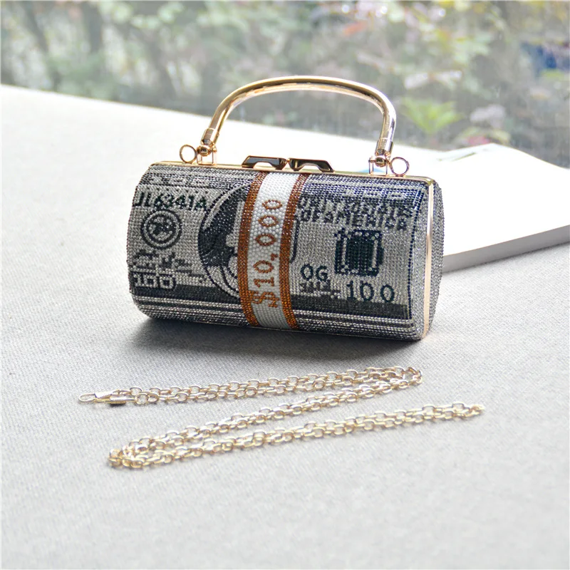 Luxury Dollar Rhinestone Eventing Clutch Bag Money Shiny Diamond Pink Wedding Party Dinner Bag with Handle