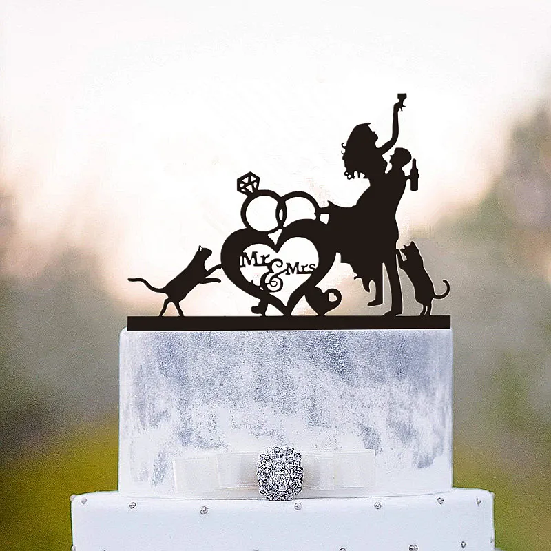 Wedding Cake Topper - Bride Hold Groom with Flowers Besides Two Pet Cats Silhouette Cake Decoration