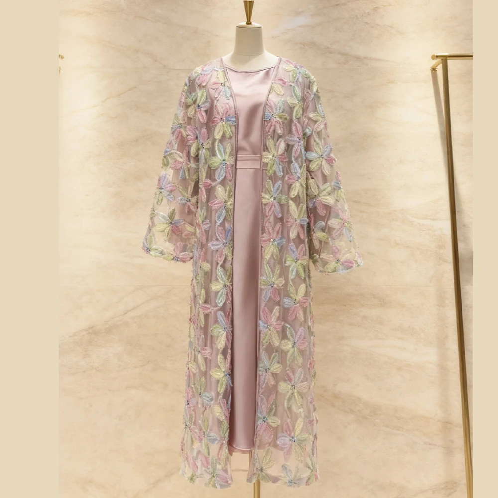 Women Eid Abaya Dresses Cardigan Robe Belt 3 Piece Set 3D Embroidery Muslim Ramadan Dubai Party Kaftan Vestidos Jalabiya Suit