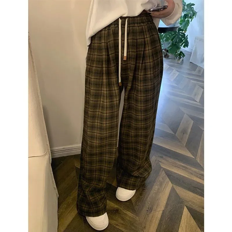 

plus Size Women's Plaid Straight Leg Casual Pants High Waist Korean Sle Spring Summer Faion Wide Leg Trousers