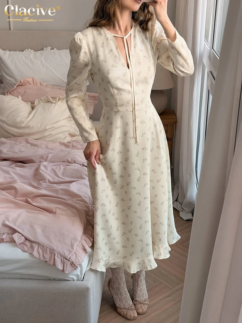 

Clacive Fashion Loose Print Women's Dress 2026 Autumn V-Neck Long Sleeve Ankle Length Dresses Lady Elegant Classic Female Dress